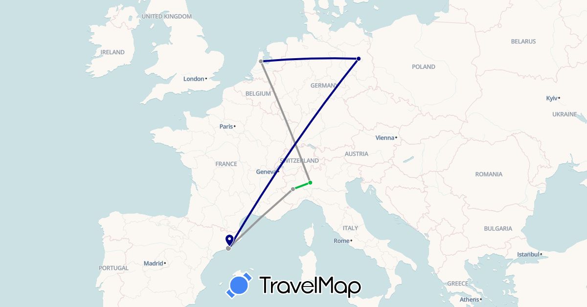 TravelMap itinerary: driving, bus, plane in Germany, Spain, Italy, Netherlands (Europe)